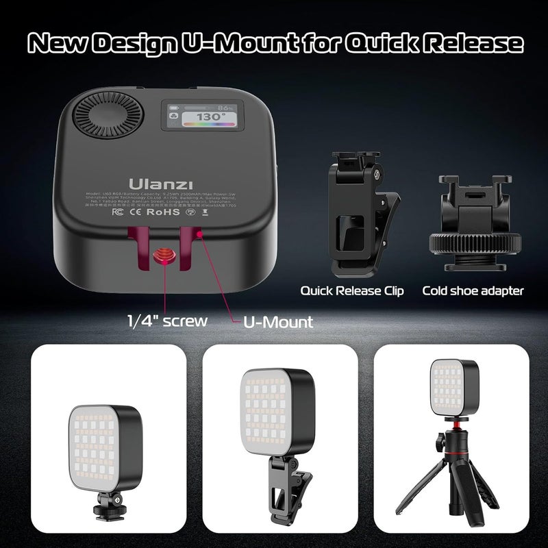VIJIM ضوء الفيديو RGB Ulanzi U60، ضوء كاميرا LED محمول مع 360° لون CRI≥95 2500-9000K مصباح لوحة قابل للتعتيم، إضاءة تصوير LED بسعة 2500mAh مع محول حذاء بارد سريع الإطلاق ومشبك - أسود - Image 5